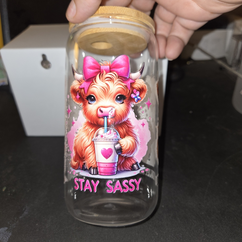Stay Sassy Glass Jar with Pink Cow Design
